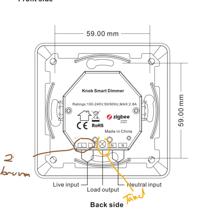 Teknisk ritning av en Knob Smart Dimmer, inkluderar mått, anslutningar och säkerhetscertifieringar.