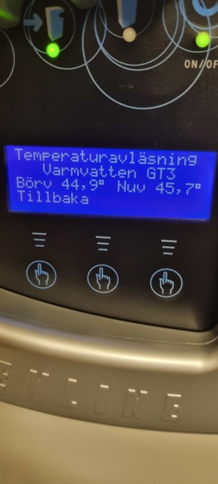 Digital kontrollpanel för temperaturinställning, ikoner för handinteraktion, text på svenska, bakgrundsbelyst LCD-display.