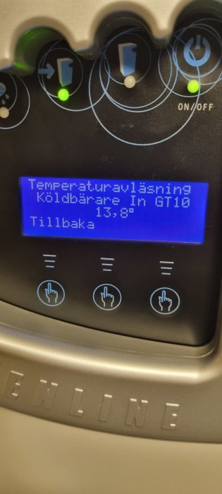 Reglagepanel för temperatur med LCD-skärm, knappar, indikatorljus samt svensk text och Enline-logotyp.