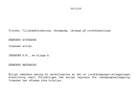 Svensk text om försäkringsärende, värmeanläggning, avslag. Bilden visar dokumentutdrag eller försäkringsbeslut.