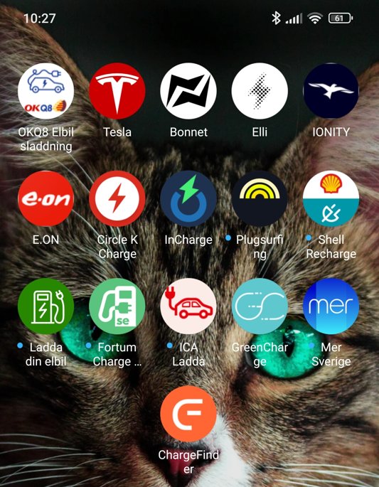 Smarttelefonskärm med elbilsladdningsappar över kattens ansikte som bakgrundsbild. Tid och batteri syns.