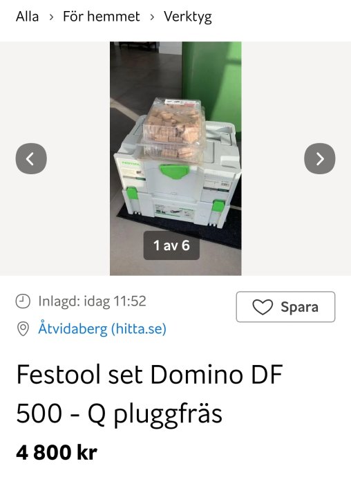 Festool Domino DF 500 verktygsset och pluggar, till salu för 4.800 kronor.