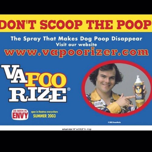 Reklambild för produkt, "VaPooRize", man pekar på sprayflaska, slogan "Don't Scoop The Poop", webbadress, film teasad.