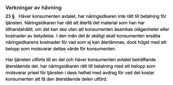 Svensk lagtext om konsuments rättigheter vid hävning av avtal enligt 23 §.