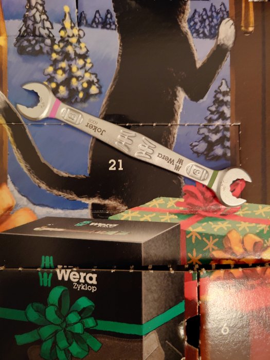 Julinspirerad bild med verktyg, luckor, datum, adventskalender för mekaniker.