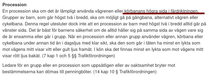 Text om regler för processioner i trafik, inriktning, barns placering, belysning och böter vid regelbrott.