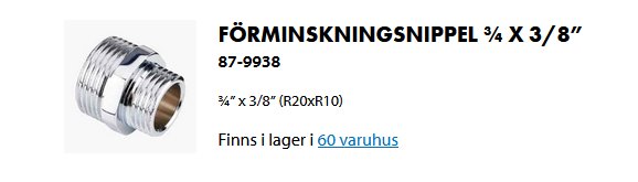 Metallisk rördel, förminskningsnippel, 3/4 tum till 3/8 tum, artikelnummer, tillgänglig i lager.