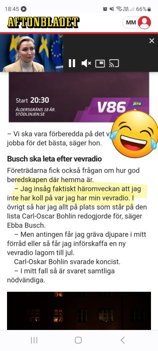 Skärmdump av en nyhetsartikel på Aftonbladet med text och en person som talar.