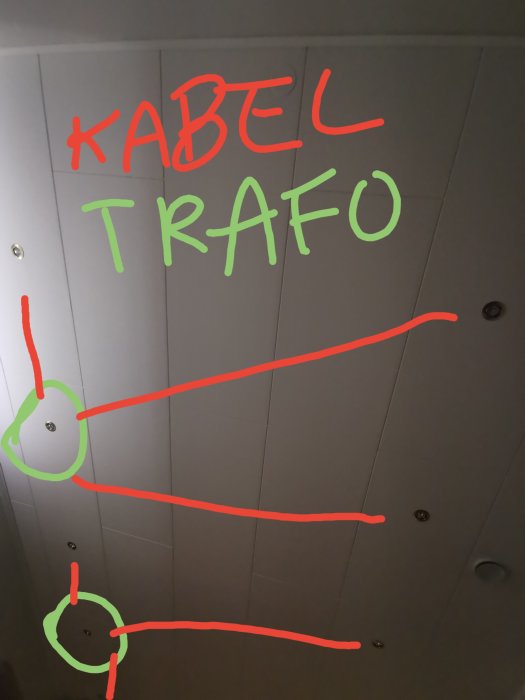 Tak med inskription "KABEL TRAFO", röda och gröna markeringar, skruvar och paneler.