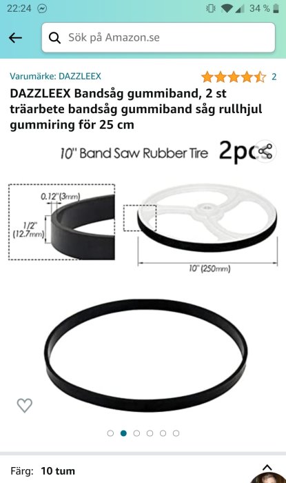 Produktsida för bandsåg gummidäck, svart, 2-pack, dimensioner angivna, för träbearbetning, på Amazon.se.