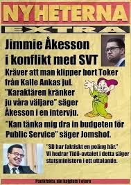 Bilden visar en tidningsförstasida med rubriker om en konflikt och en karikatyr av en animerad karaktär.