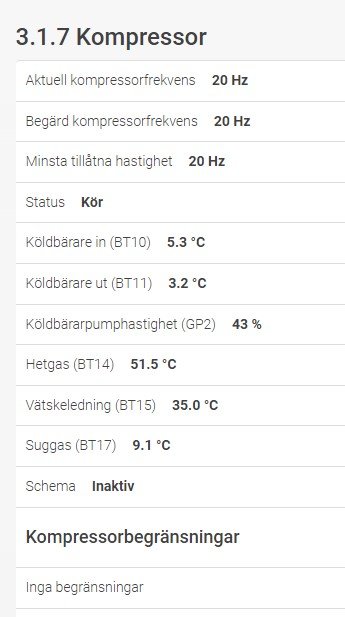 Skärmklipp visar kompressorstatus med frekvens, temperaturer och driftdata på svenska; systemet är igång, inga begränsningar.