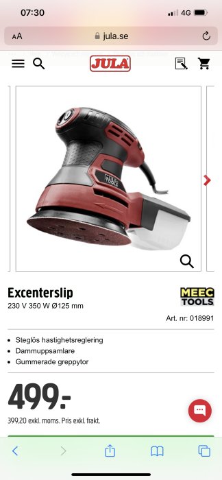Röd och svart excenterslipmaskin från MEEC Tools, pris 499 kronor.