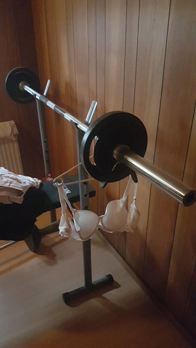 Skivstång med vikter används som torkställning för en bh inomhus mot träpanelvägg.