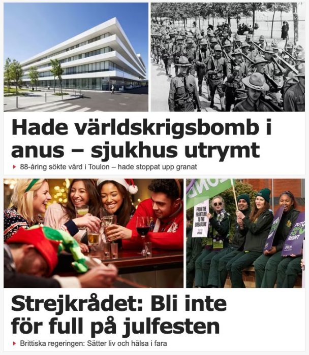 Sammanställning av rubriker: sjukhusutrymning, historiskt foto, festande personer, och varning för överdrivet firande.