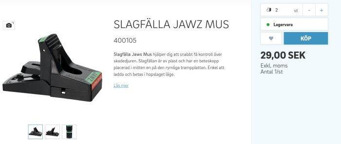 Plast musfälla, beteskopp, svart, prisinformation, köp-knapp, produktnummer, lagerstatus, svensk text.