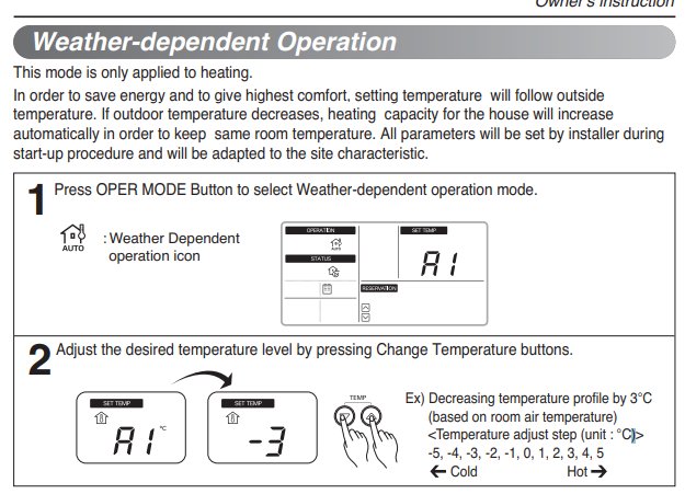 Instruktionsguide för väderberoende driftsläge för uppvärmningssystem med knappar och temperaturjustering.