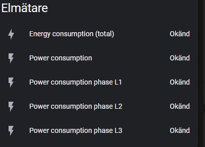 Svart bakgrund, vit text, övervakningsgränssnitt för elmätning med okänd energi- och effektförbrukning.