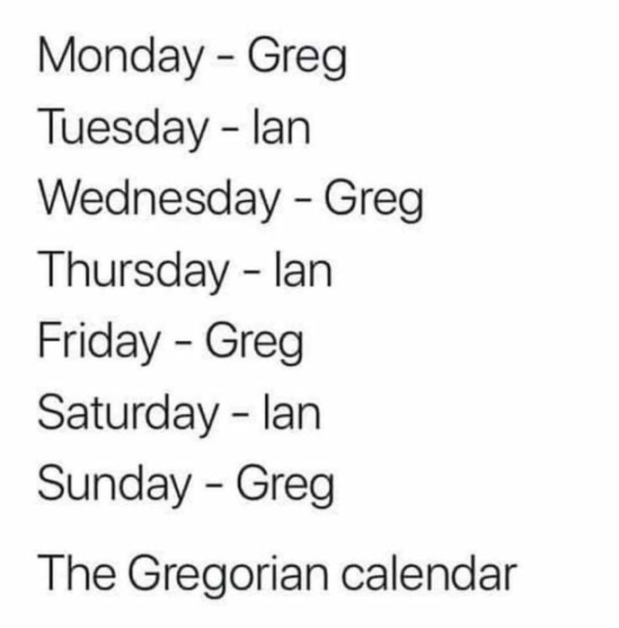 Veckans dagar humoristiskt namngivna som "Greg" eller "Ian"; ordlek baserad på "Gregorian calendar".