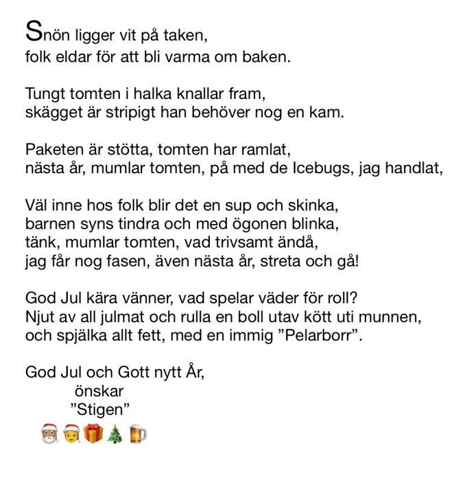 En julhälsning på svenska med verser om snö, tomten, mat och nyårshälsningar, inklusive emojis och signaturen "Stigen".