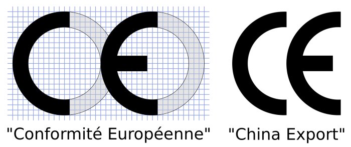 Två logotyper: "CE-märkning" och en kopia, undersök genomgående skillnader mellan dem.