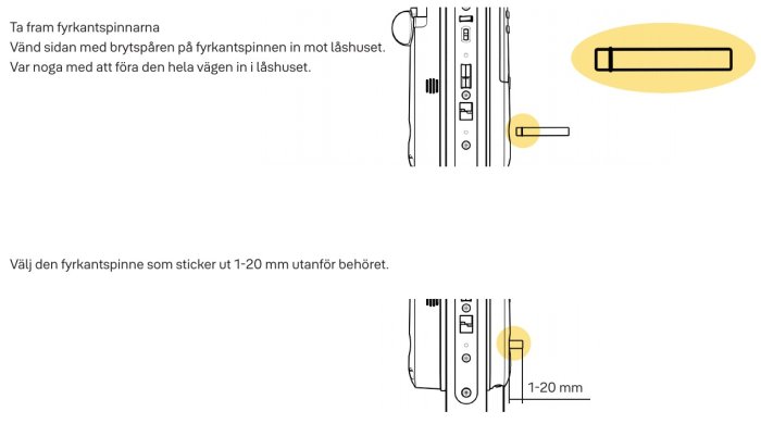 Instruktion för att välja rätt längd på en fyrkantsspindel för låshus, inklusive bild på mätning.