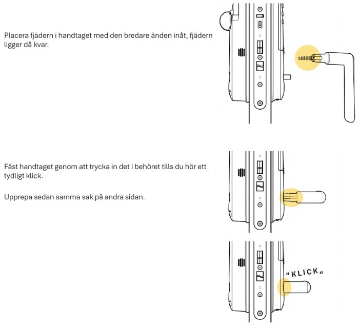 Instruktioner för montering av fjäder i handtag; klickljud indikerar korrekt montering.