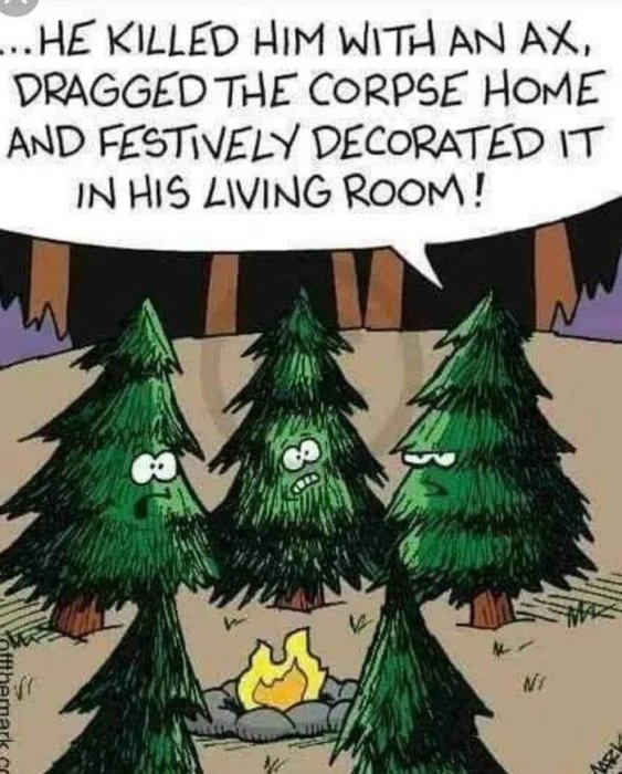 Animerade träd med ansikten; humoristisk skämtbild om julgranstradition. Cartoon av en avverkning och inredning av gran.