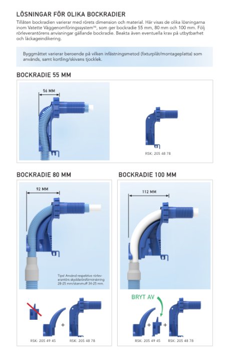 Diagram visar lösningar för rörinstallation med olika böjningsradier för VVS. Inkluderar mått och monteringsanbefallningar.