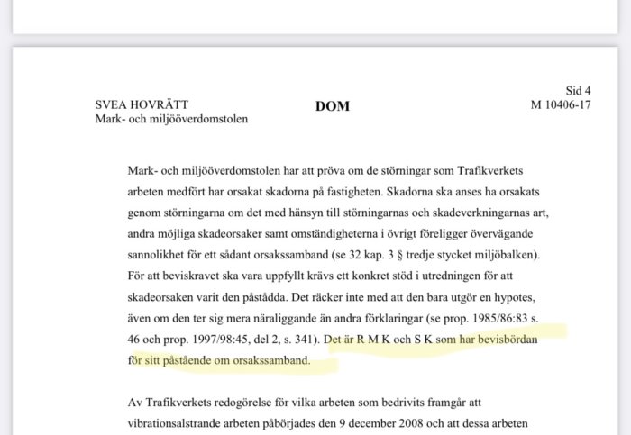 Svensk domstolsdokument, Svea Hovrätt, Mark- och miljööverdomstolen, avsnitt om orsakssamband, skadestånd, miljöbalken.