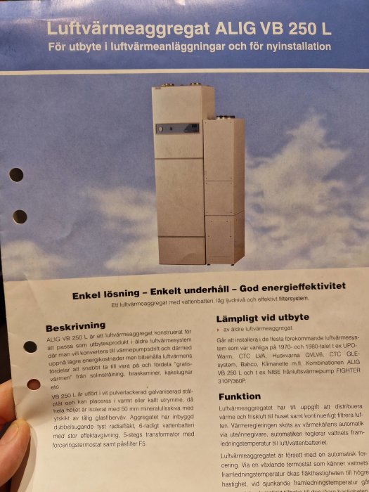 Luftvärmaggregat, beskrivning, installation, energieffektivitet, skötselråd, kompatibilitet, funktion, apparat i rum.