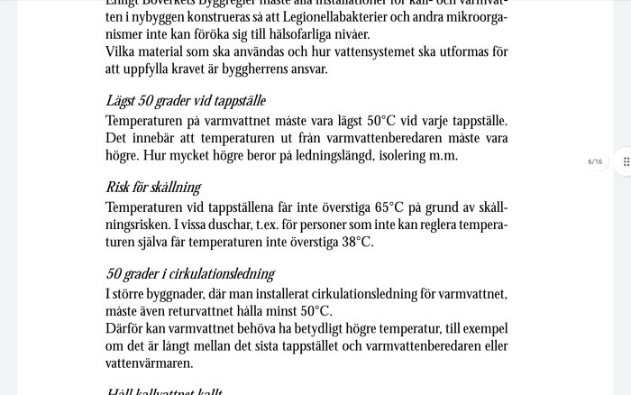 Svensk text om varmvattenanläggningar, Legionellaprevention, och risker med skållning.