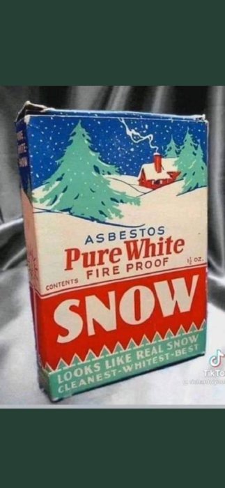 Gammal produktförpackning för asbest "Pure White SNOW", påstås likna riktig snö.