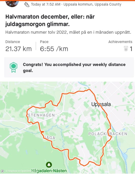 Halvmaraton i Uppsala, 21.37 km avklarad, hastighet noterad, mål nått, karta med rutt.