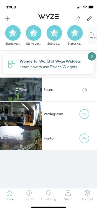 Skärmdump av WYZE app-interface med kameraströmmar; enheter märkta 'Snurre', 'Vardagsrum', 'Kontor'; en offline.