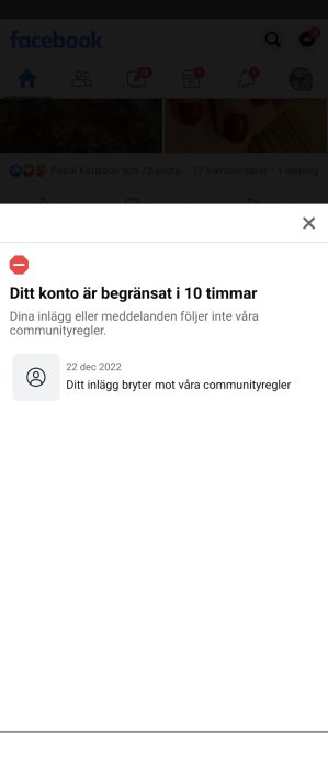 Skärmdump från Facebook, varningsmeddelande om kontobegränsning, meddelar regelbrott, överlappad navigering och symboler.