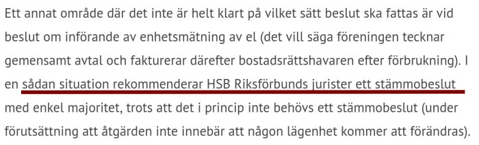 Text på svenska om beslutsfattande för införande av enhetsmätning av el i en förening.