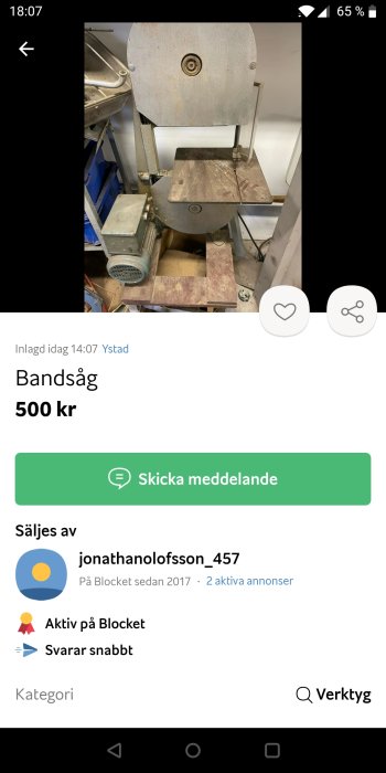 En begagnad bandsåg till salu för 500 kronor på Blocket.