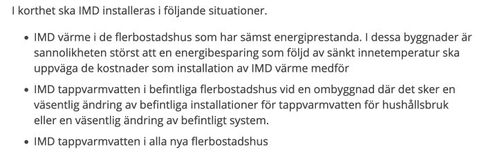 Text på svenska som beskriver när IMD för värme och varmvatten ska installeras i flerbostadshus.