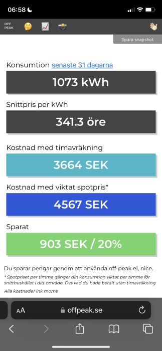 Skärmavbild av elräkning med förbrukning, kostnad och besparing; webbsida offpeak.se; mobilvy med tidsstämpel.