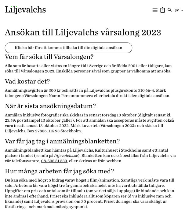 Informationsblad för ansökan till Liljevalchs vårsalong 2023 med detaljer kring ansökningsprocess och avgifter.