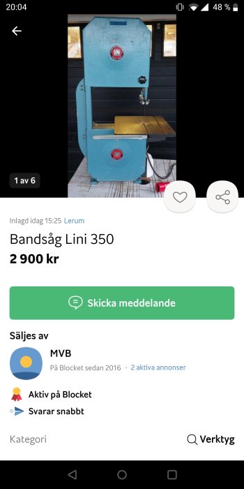 En skärmbild av en försäljningsannons för en bandsåg, blå, kallad "Lini 350", prissatt till 2900 kronor.