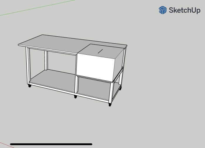 3D-modell av en hylla med två fack, ena med låda, i SketchUp.