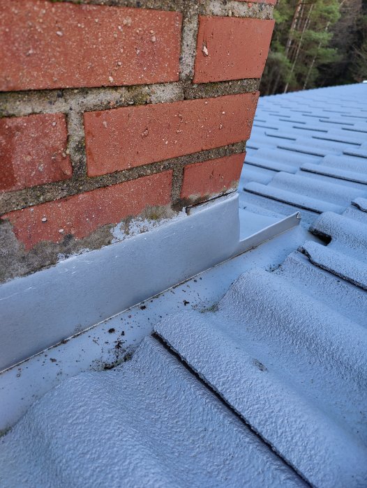 Röd tegelvägg, silvertakränna, tegelpannor täckta med frost, skymt av skog.