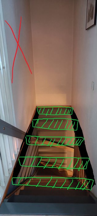 Trappa med röda och gröna digitala markeringar, kanske för att visa perspektiv eller struktur. Utan personer.