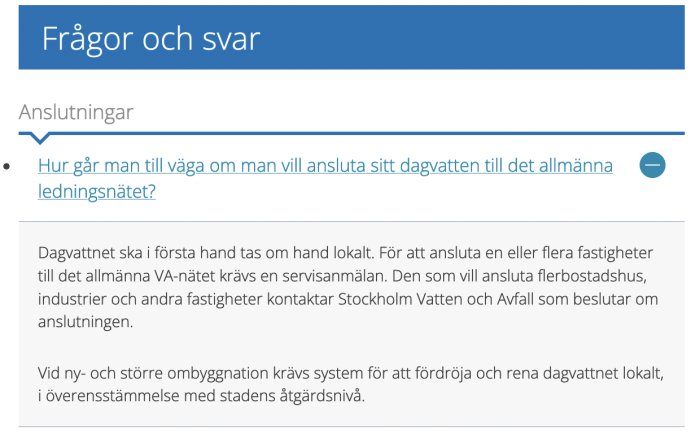 Skärmdump av en FAQ-sektion om anslutning av dagvatten till det allmänna ledningsnätet på svenska.