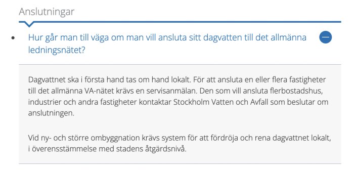 Text om anslutning av dagvatten till ledningsnät, Stockholm Vatten och Avfall, serviceanmälan.