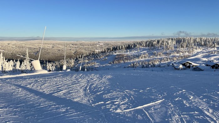 Vintrigt bergslandskap, skidbacke, snötäckta träd, stugor, klart väder.