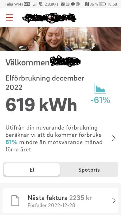 Skärmavbild av mobilapp visar elförbrukning på 619 kWh i december, en minskning med 61%.