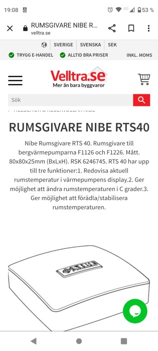 Skärmdump av en webbsida som visar en produktbeskrivning för en rumsregulator kallad Nibe RTS 40.